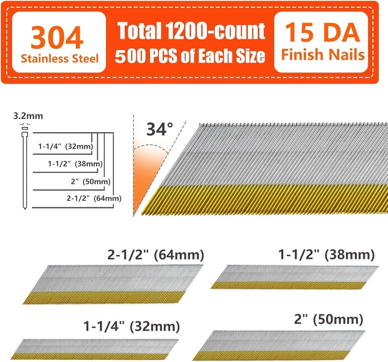 SITLDY 15 Gauge 304 Stainless Steel DA Angled Finish Nails, 34-Degree, 2000-Pack (2-1/2", 2", 1-1/2“, 1-1/4" 500 Per Sizes) Assorted Size Project Pack, for Pneumatic, Electric Angled Finish Nailer - Image 2